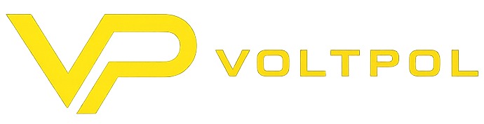 Poziome logo VOLTPOL z żółtym symbolem VP oraz nazwą firmy na przezroczystym tle, w nowoczesnym stylu