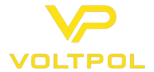 Logo VOLTPOL z żółtymi literami VP oraz nazwą firmy na przezroczystym tle, w nowoczesnym stylu